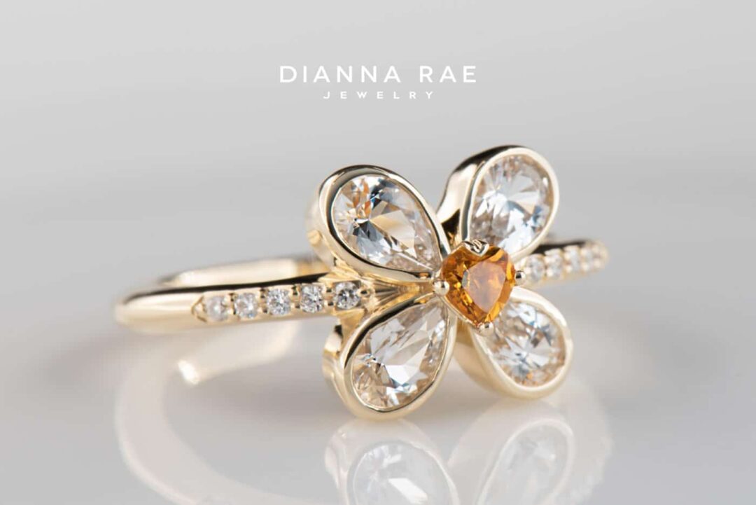 Yellow Gold Heart-Shaped Citrine White Sapphire Halo Ring with Round Diamond Accents - Image 2