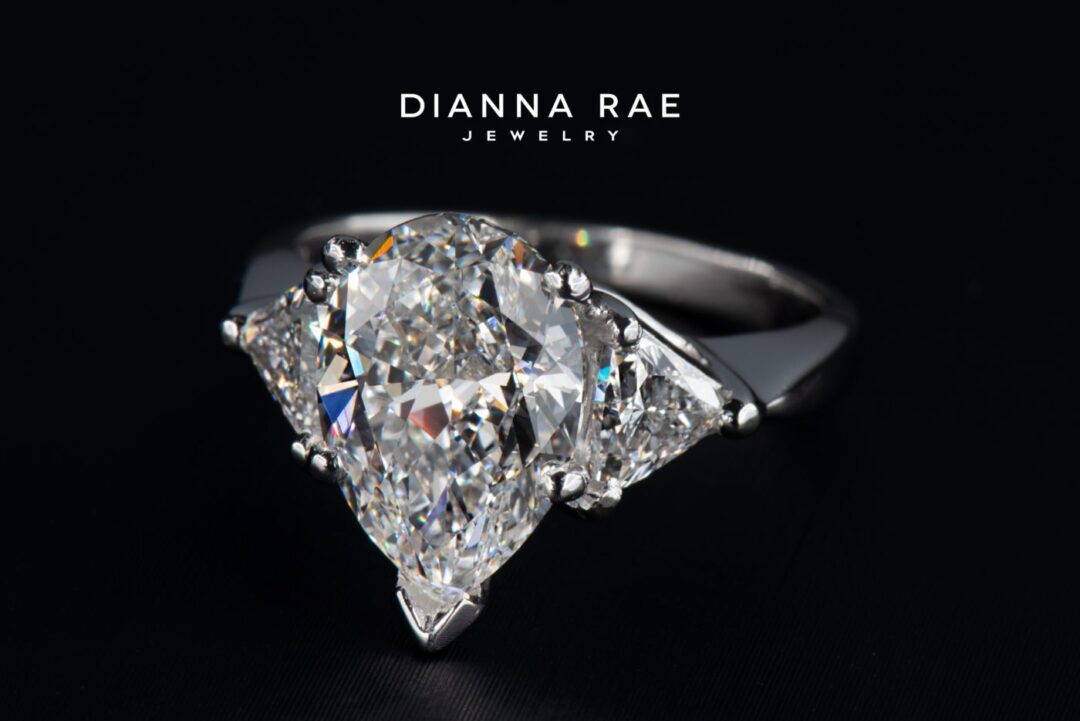 Platinum Pear Shape Diamond Three Stone Ring with Trillion-Cut Diamond Sides - Image 2