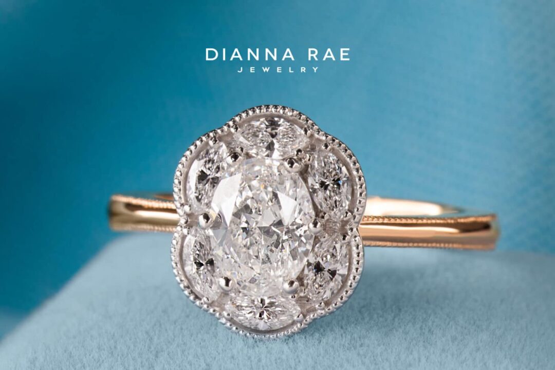 Wisteria - Two Tone Yellow/White Gold Oval Diamond Engagement Ring with Marquise Halo