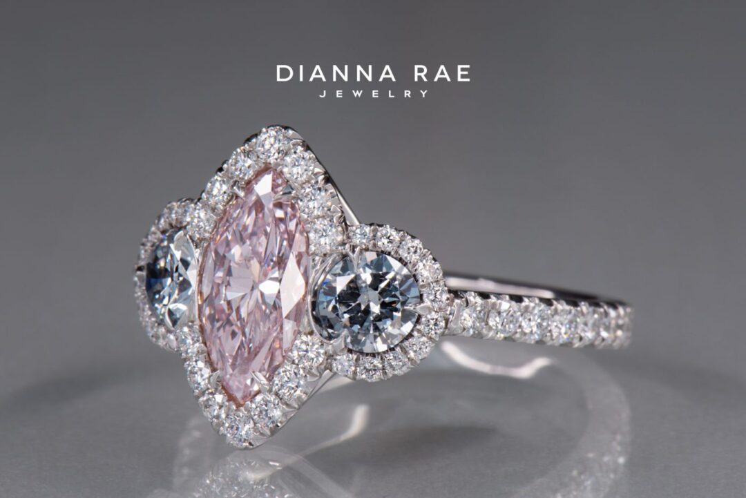 Couture Platinum Marquise Natural Pink Diamond Ring with Round Natural Blue Diamond Accents - Image 2
