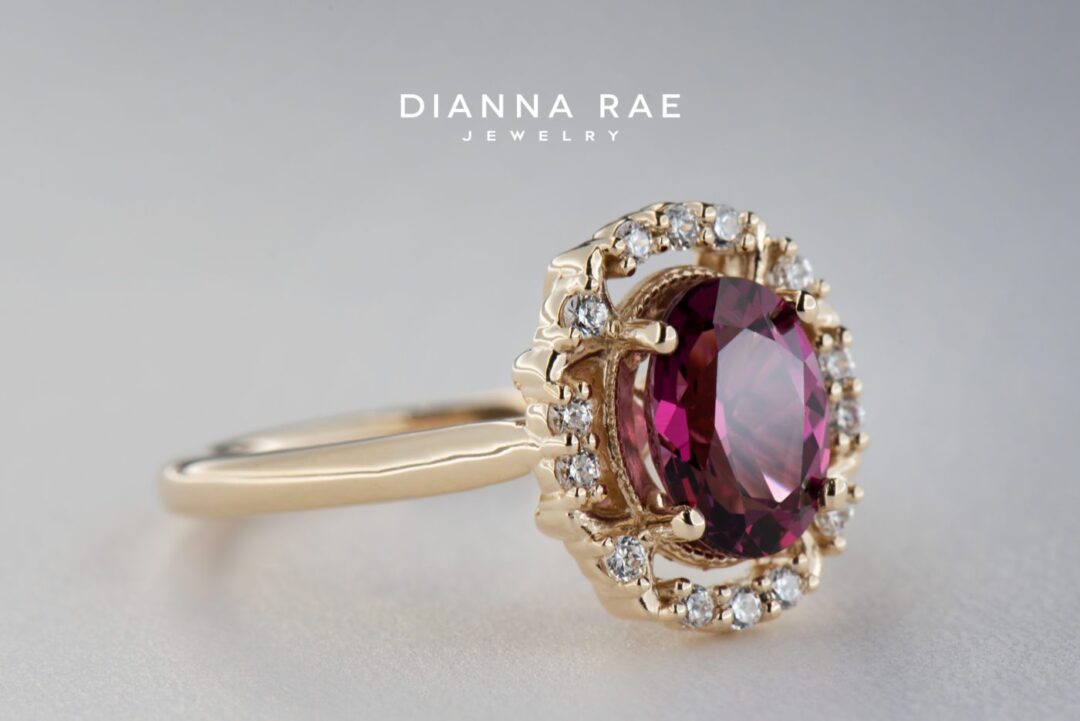 Yellow Gold Oval Rhodalite Garnet Halo Ring - Image 2