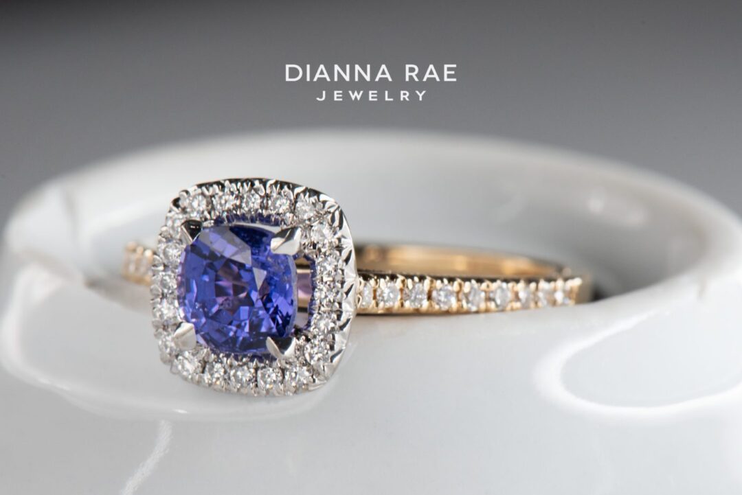 Two-Tone Cushion Purple Sapphire and Diamond Halo Ring with Diamond Accented Band - Image 3
