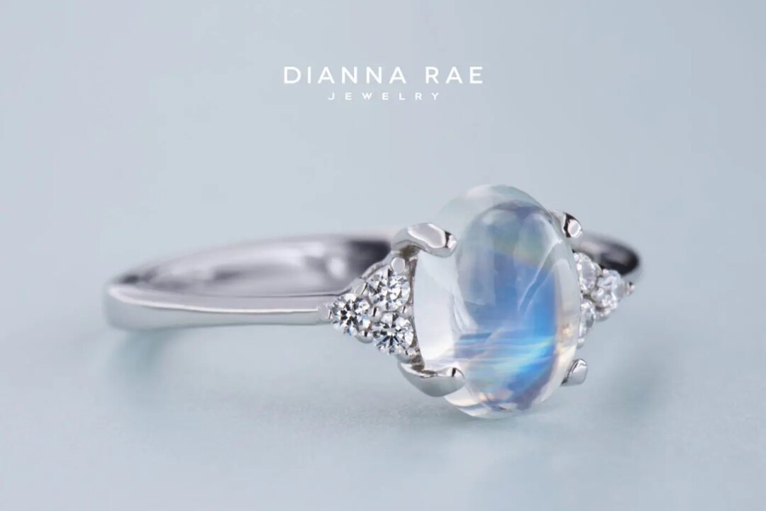 White Gold Oval Rainbow Moonstone Ring with Lab Grown Diamond Accents
