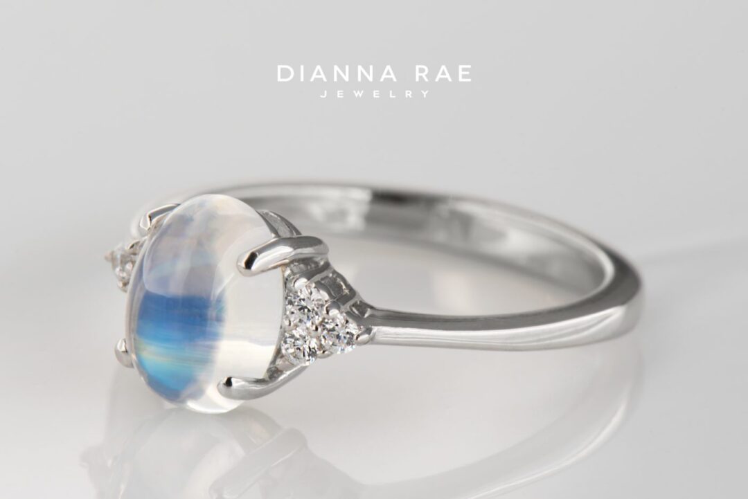 White Gold Oval Rainbow Moonstone Ring with Lab Grown Diamond Accents - Image 2