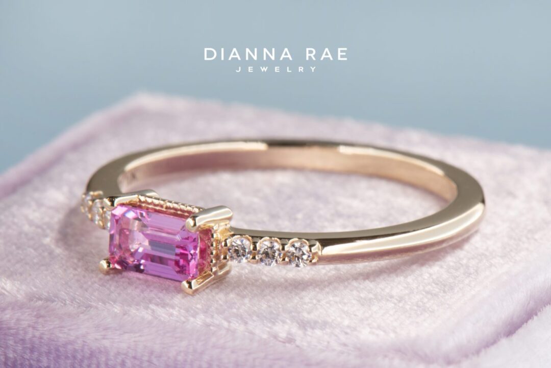 Yellow Gold Emerald Pink Sapphire Stackable Ring with Cubic Zirconia Accents - Image 2