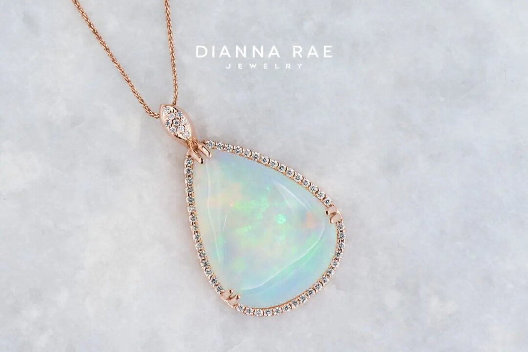 Rose Gold Pear Ethiopian Opal Halo Pendant with Diamond Accents