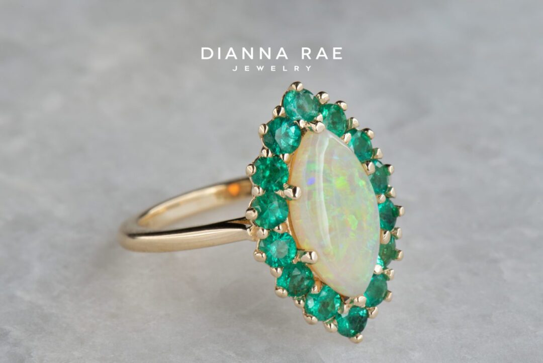 Yellow Gold Marquise Australian Opal Ring with Emerald Cluster Halo - Image 2