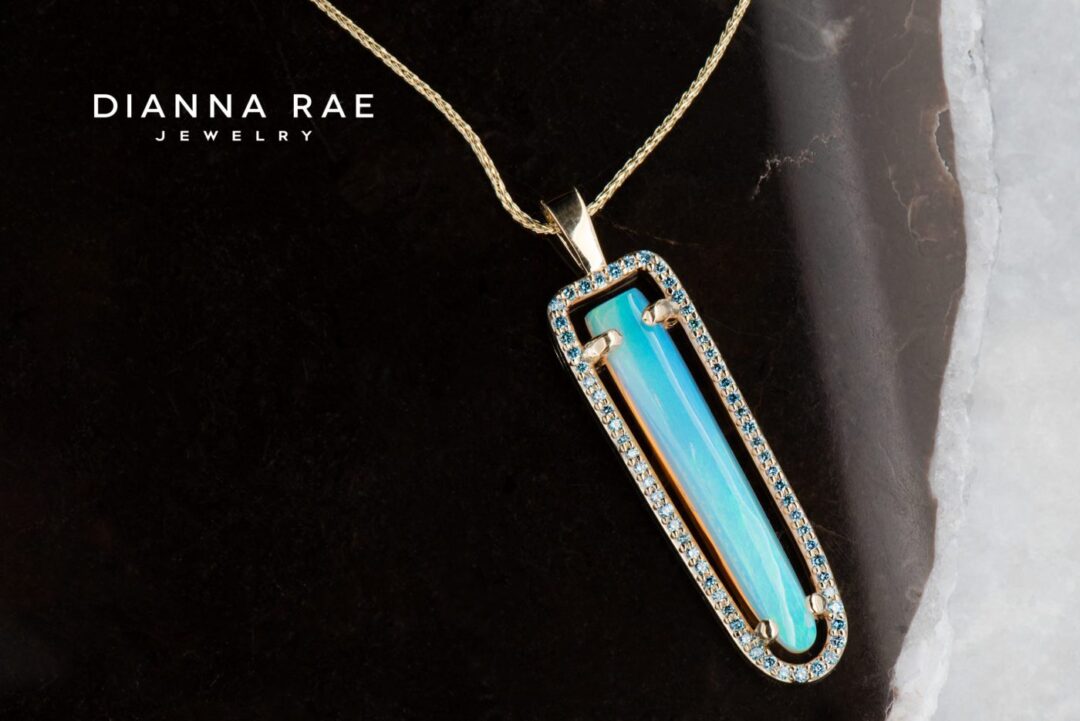 Yellow Gold Australian Light Opal Pendant with Aqua Blue Diamond Floating Halo