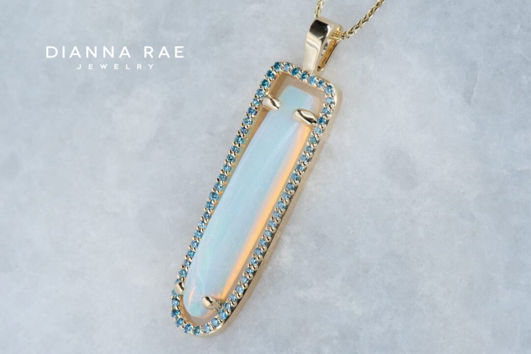 Yellow Gold Australian Light Opal Pendant with Aqua Blue Diamond Floating Halo - Image 2