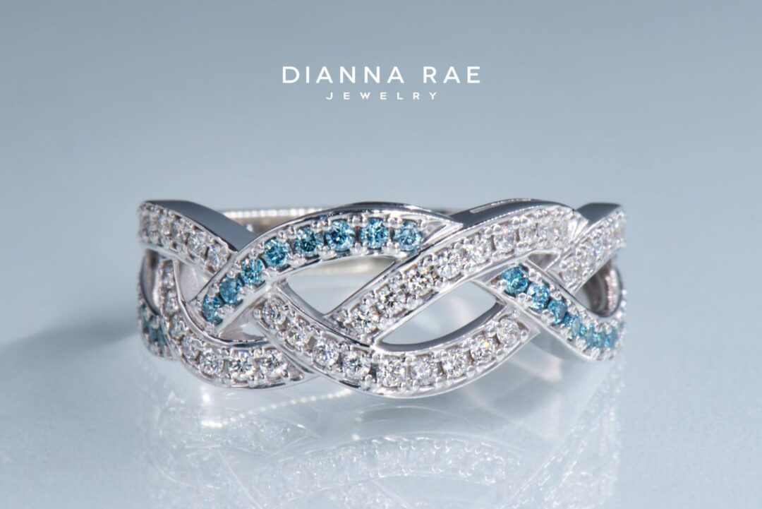 White Gold Round White and Aqua Blue Diamond Infinity Twist Anniversary Band