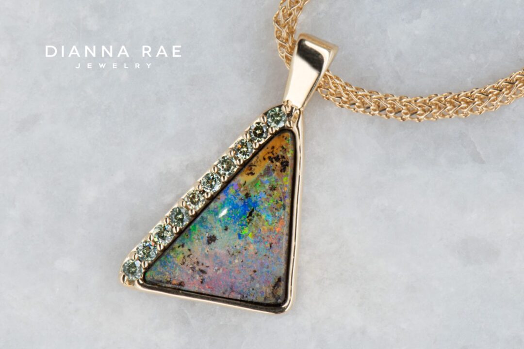 Yellow Gold Triangle Boulder Opal with Demantoid Garnet Accents