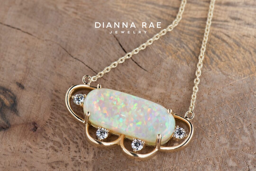 Yellow Gold Oval Ethiopian Opal Necklace with Round Diamond Accents