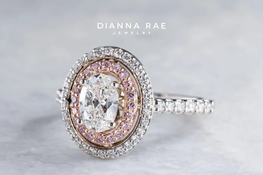 Two-Tone Oval Diamond Double Halo Engagement Ring with White and Natural Pink Diamond Accents