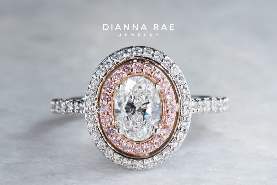 Two-Tone Oval Diamond Double Halo Engagement Ring with White and Natural Pink Diamond Accents - Image 2