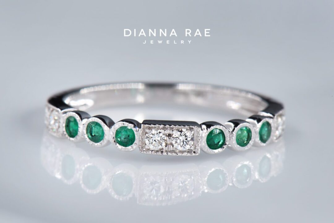 White Gold Emerald and Diamond Stackable Anniversary Band