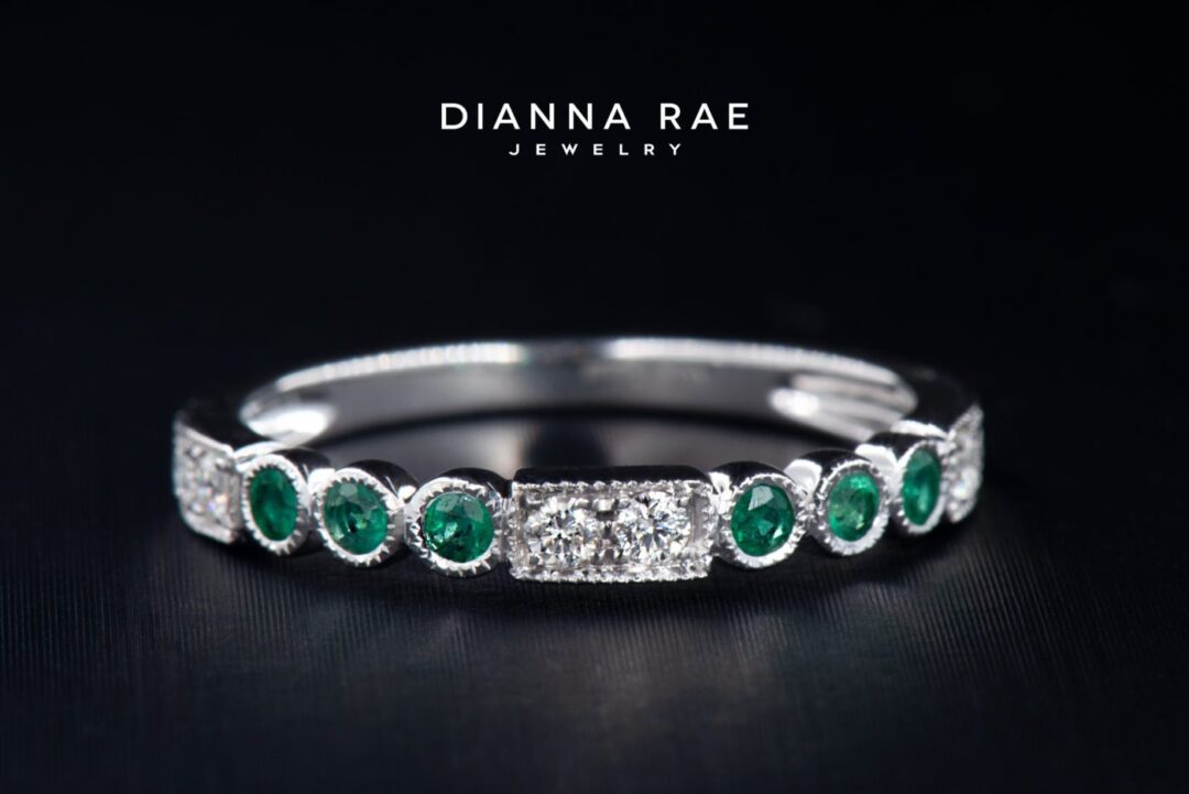 White Gold Emerald and Diamond Stackable Anniversary Band - Image 3