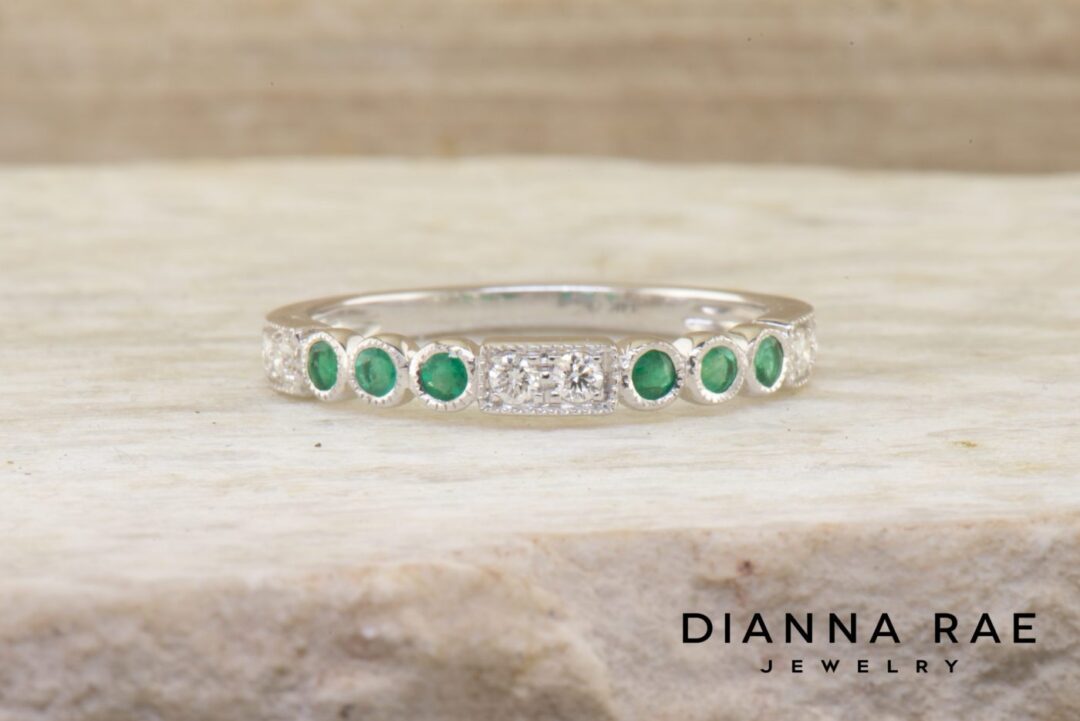 White Gold Emerald and Diamond Stackable Anniversary Band - Image 2