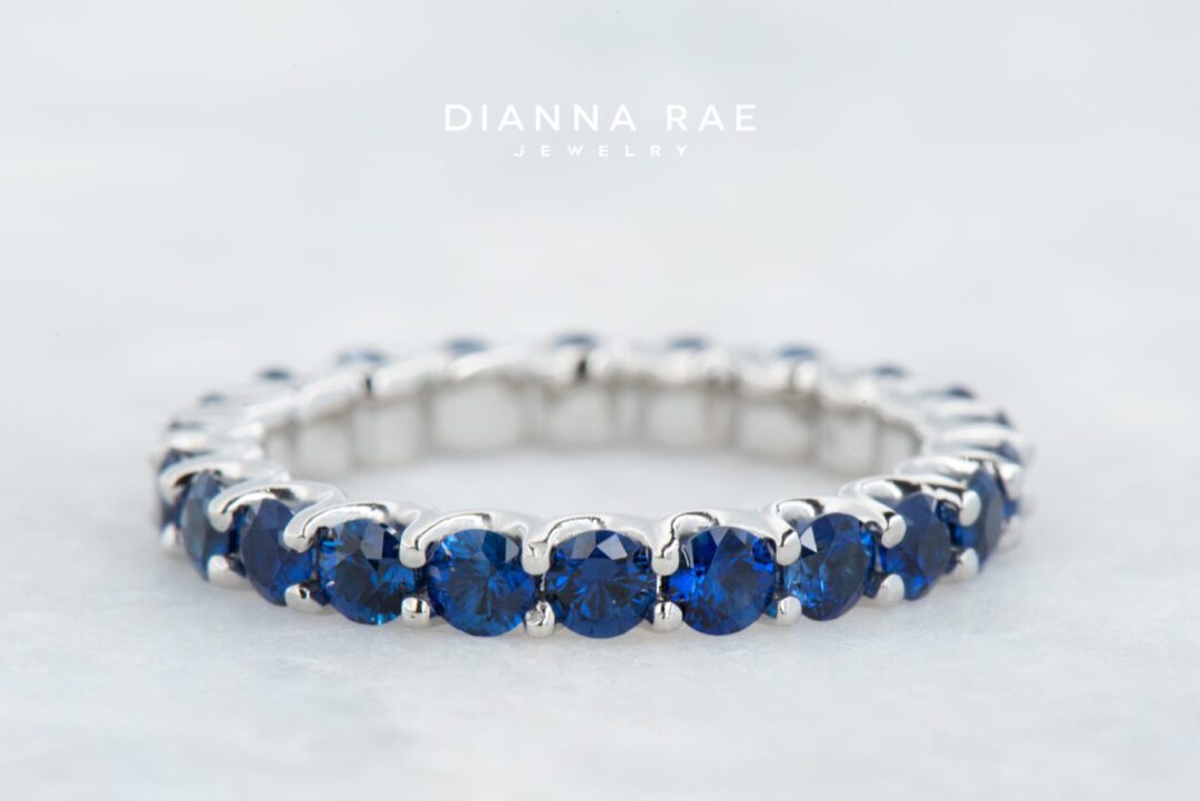 Platinum Round Sapphire Scalloped Eternity Band