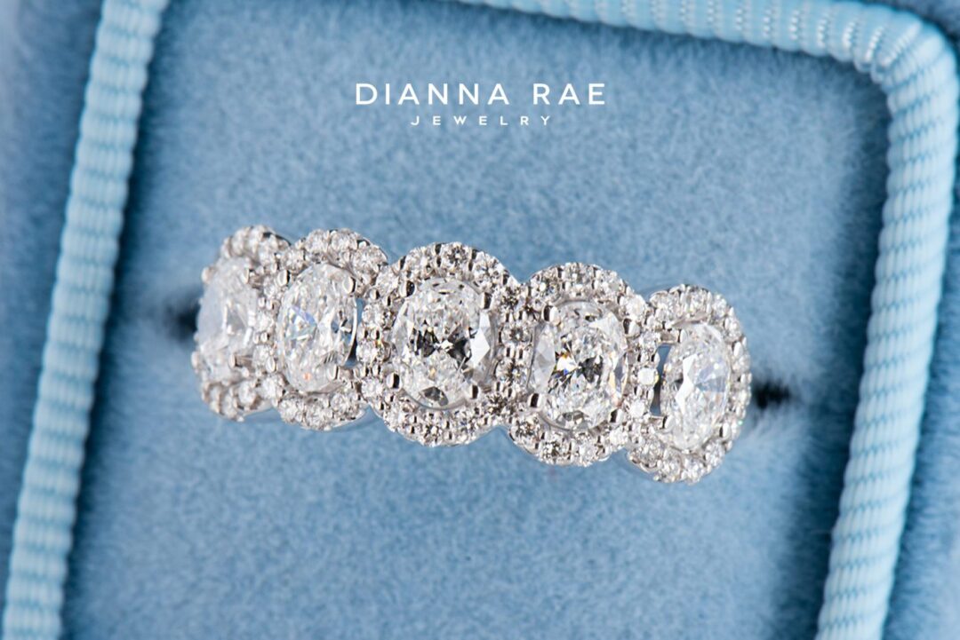 White Gold Five Stone Oval Diamond Halo Anniversary Band