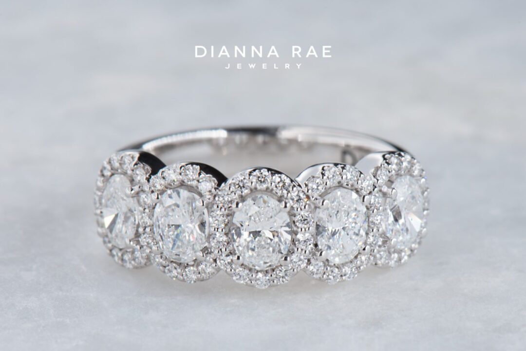 White Gold Five Stone Oval Diamond Halo Anniversary Band - Image 3