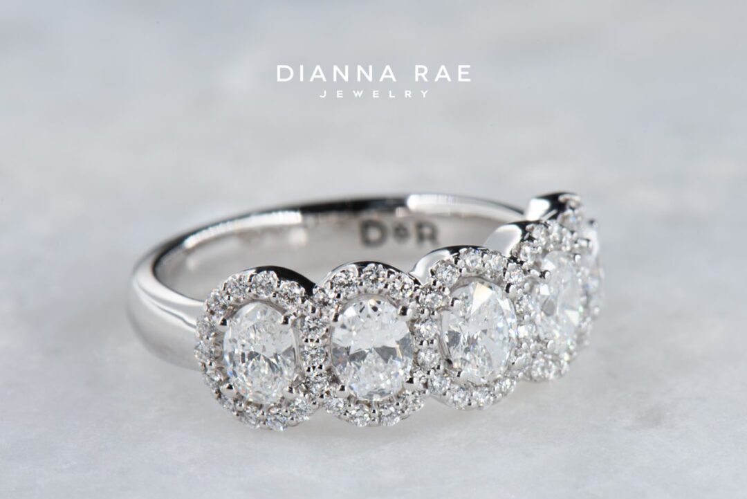 White Gold Five Stone Oval Diamond Halo Anniversary Band - Image 2