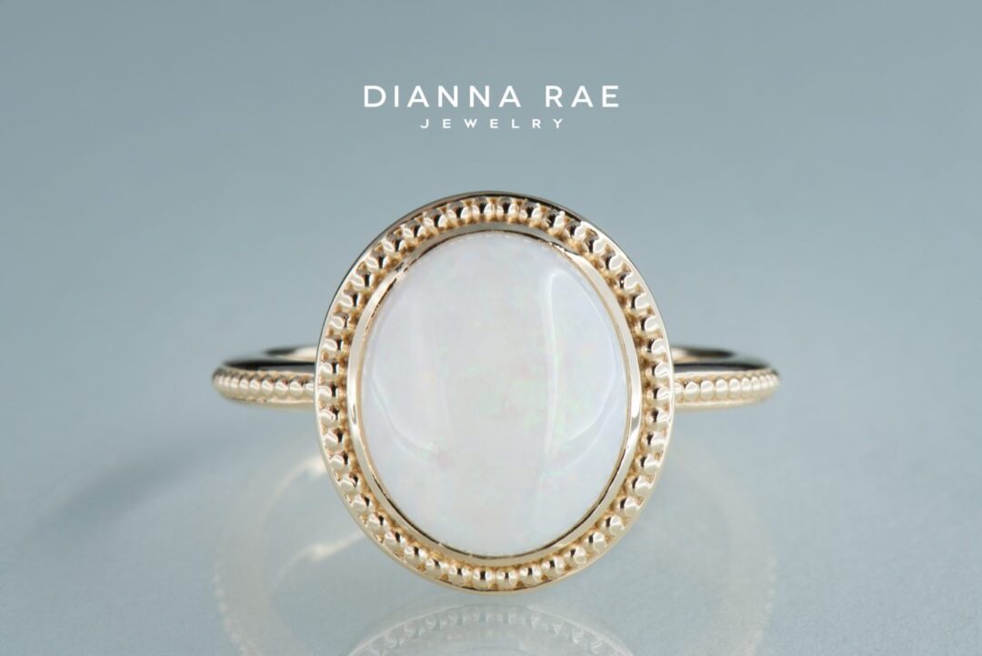 Gold Bezel Oval Australian Opal Statement Ring with Milgrain Accented Halo - Image 3