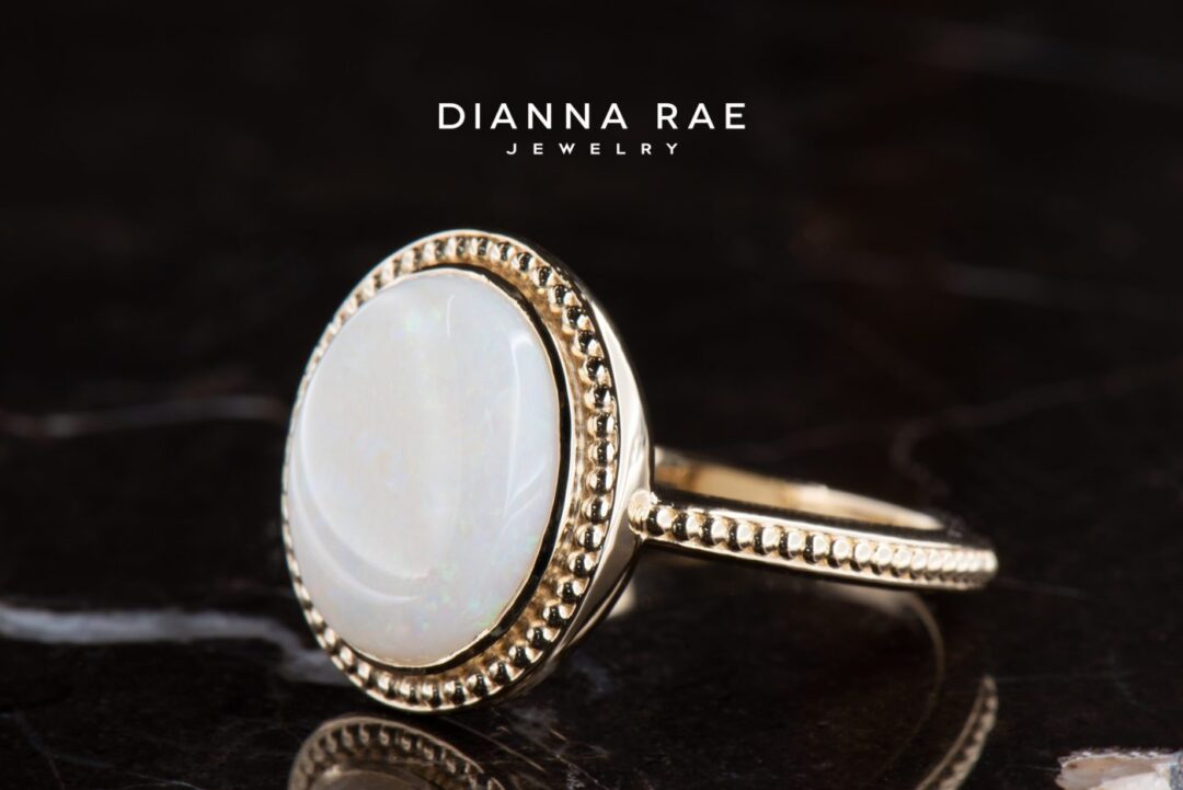 Gold Bezel Oval Australian Opal Statement Ring with Milgrain Accented Halo - Image 2