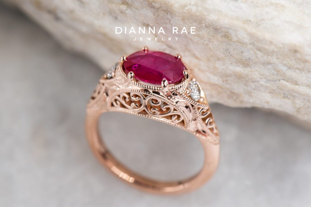 Rose Gold Oval Ruby East West Filigree Ring with Diamond Accents