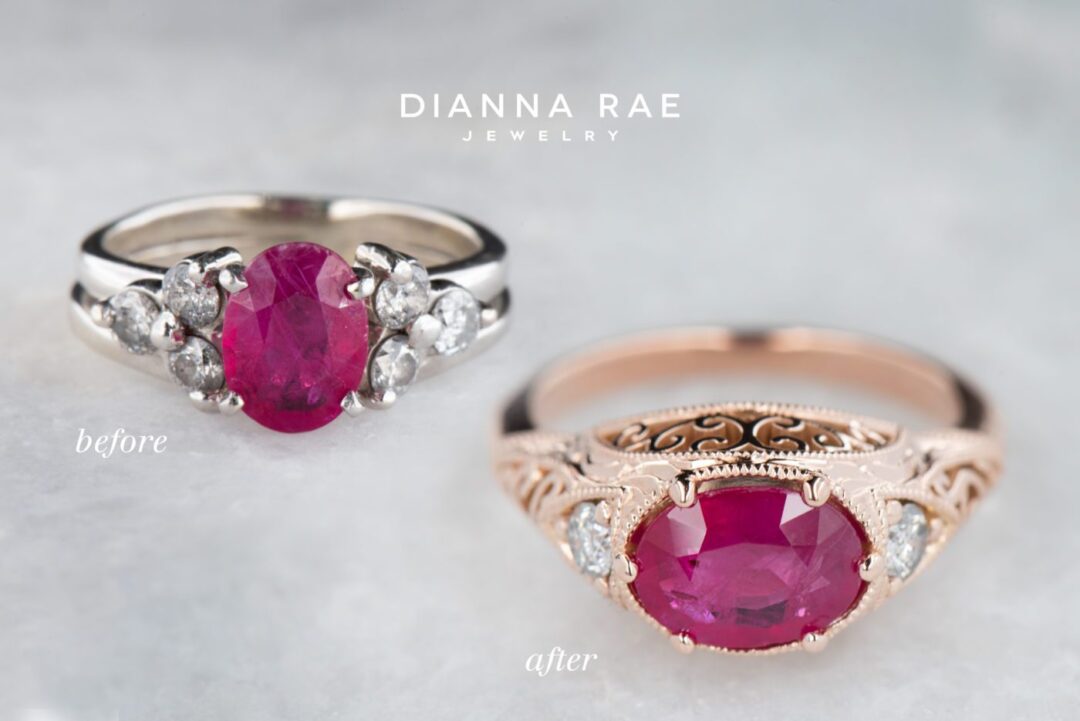 Rose Gold Oval Ruby East West Filigree Ring with Diamond Accents - Image 2