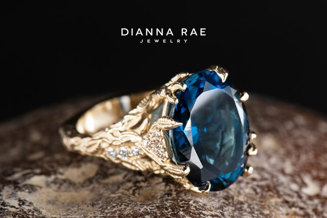 Yellow Gold Oval London Blue Topaz Organic Cocktail Ring with Round Diamond Accents