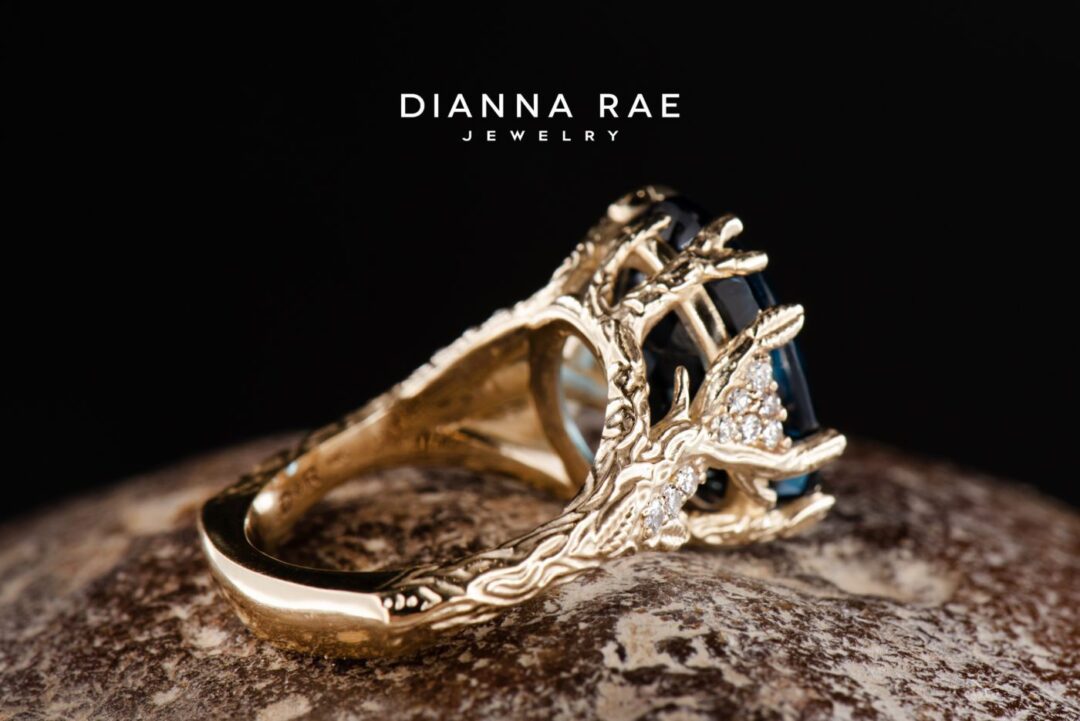Yellow Gold Oval London Blue Topaz Organic Cocktail Ring with Round Diamond Accents - Image 2