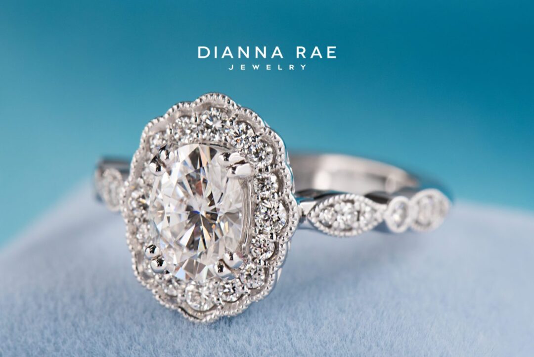 Magnolia Petal - White Gold Oval Vintage Inspired Halo Engagement Ring - Image 4