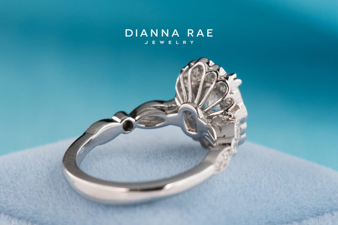 Magnolia Petal - White Gold Oval Vintage Inspired Halo Engagement Ring - Image 3