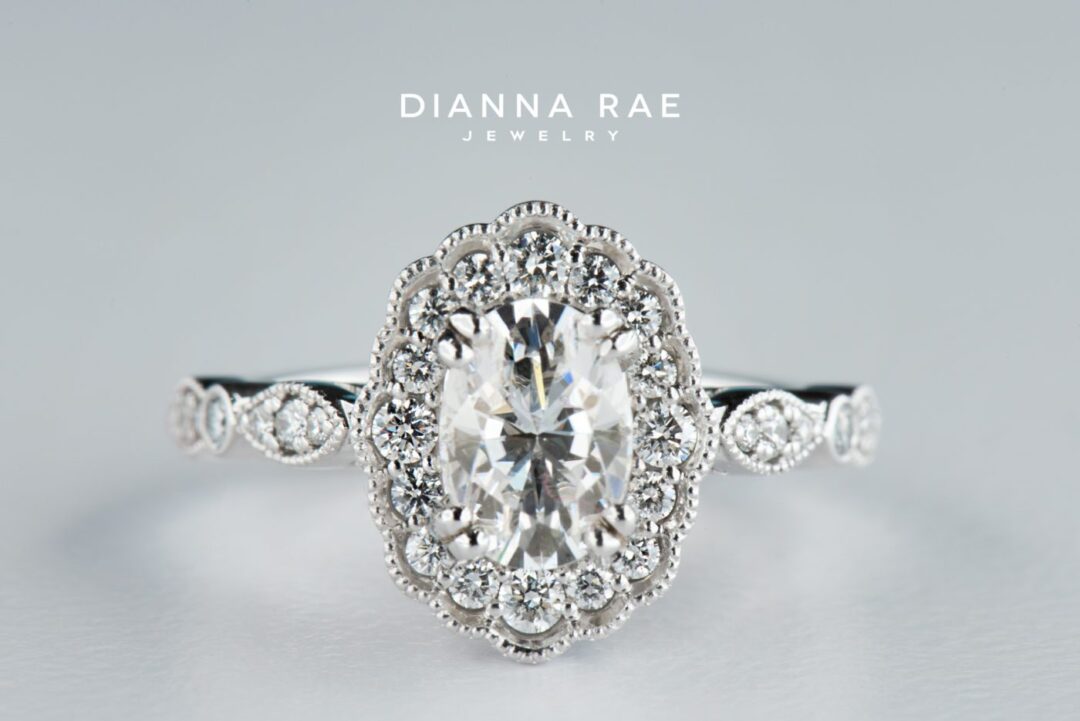 Magnolia Petal - White Gold Oval Vintage Inspired Halo Engagement Ring - Image 2