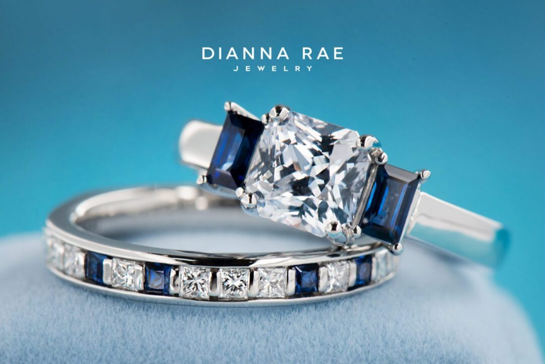 Platinum Princess Silver Sapphire Three Stone Engagement Ring & Wedding Band with Diamond and Sapphire Accents