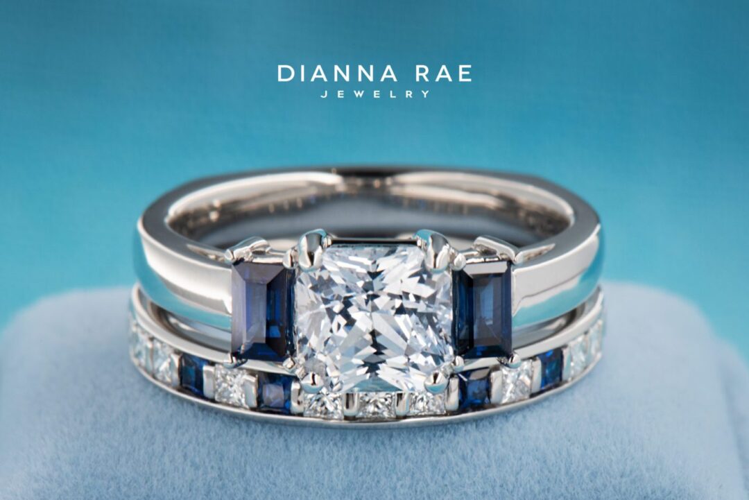 Platinum Princess Silver Sapphire Three Stone Engagement Ring & Wedding Band with Diamond and Sapphire Accents - Image 2