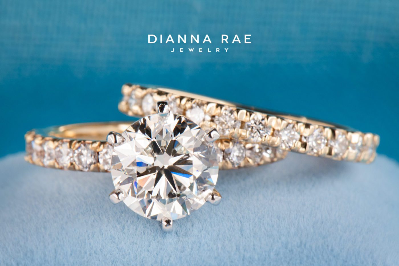 Two Tone Six Prong Round Diamond Solitaire Engagement Ring with Diamond Wedding Band