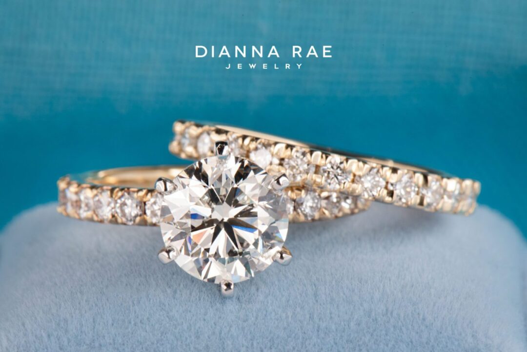 Two Tone Six Prong Round Diamond Solitaire Engagement Ring with Diamond Wedding Band