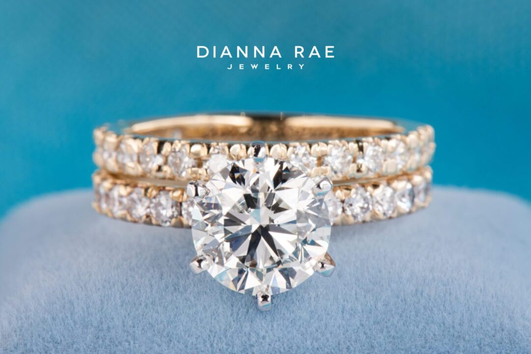 Two Tone Six Prong Round Diamond Solitaire Engagement Ring with Diamond Wedding Band - Image 2
