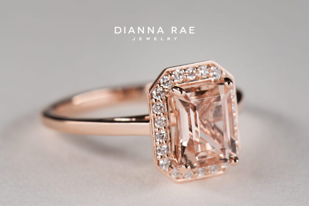 Rose Gold Emerald-Cut Morganite Halo Engagement Ring with Round Diamond Accents - Image 2