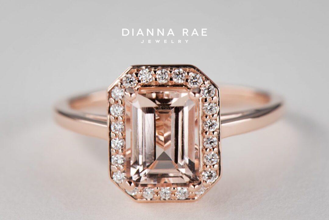 Rose Gold Emerald-Cut Morganite Halo Engagement Ring with Round Diamond Accents