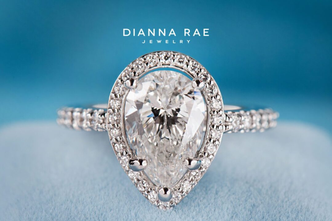 Platinum Pear Shaped Diamond Halo Engagement Ring with Tapered Diamond Band - Image 3