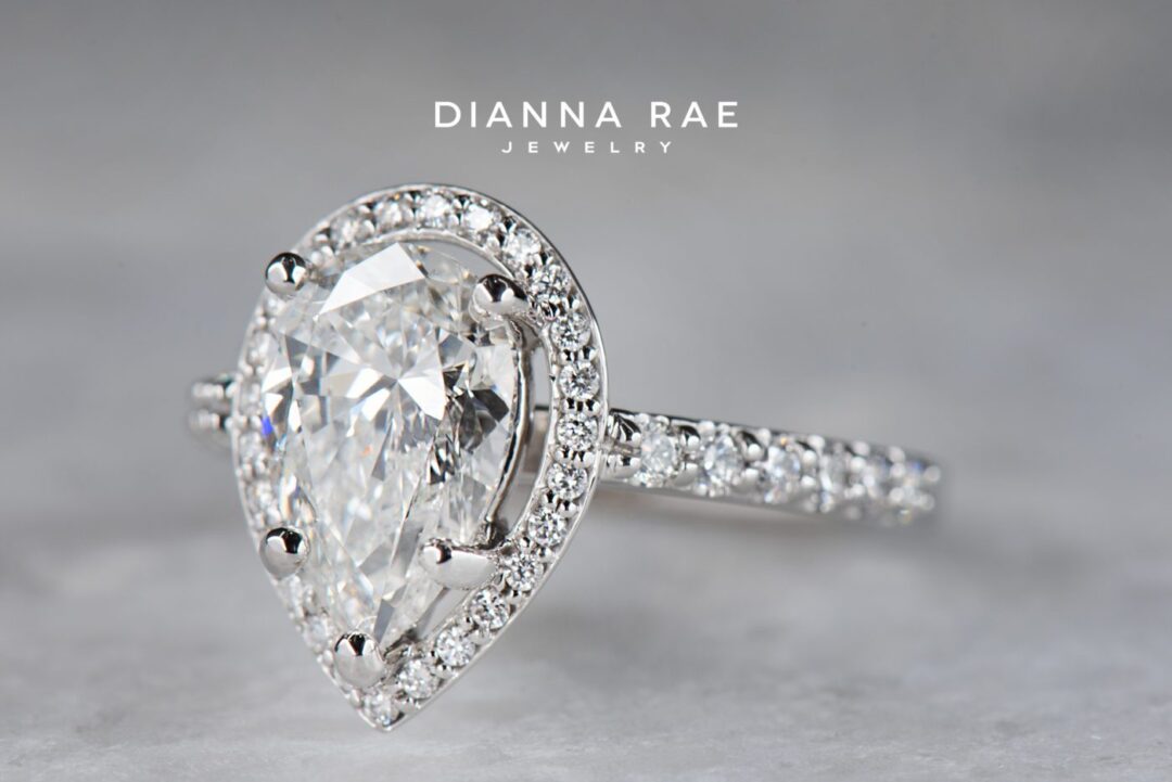 Platinum Pear Shaped Diamond Halo Engagement Ring with Tapered Diamond Band - Image 2