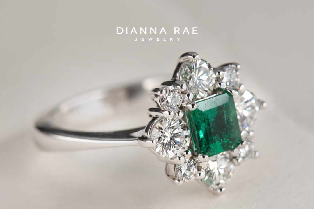 White Gold Emerald Cluster Halo Ring with Round Diamond Accents - Image 2