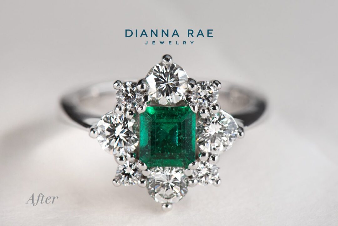White Gold Emerald Cluster Halo Ring with Round Diamond Accents