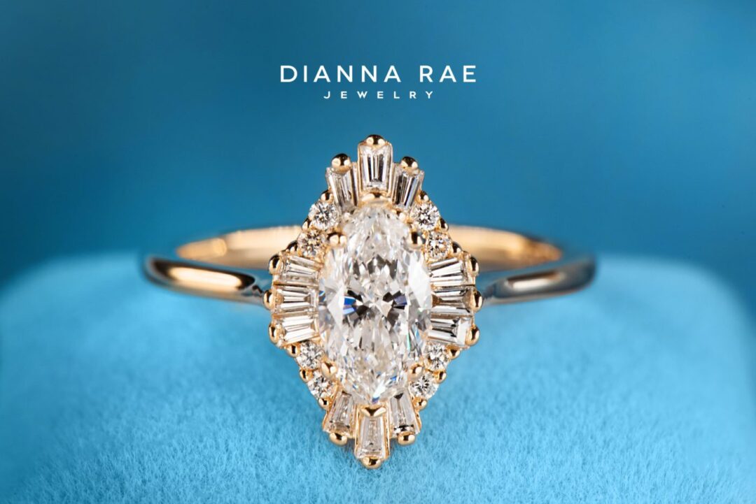 Yellow Gold Marquise Diamond Ballerina Engagement Ring with Baguette and Round Diamond Accents