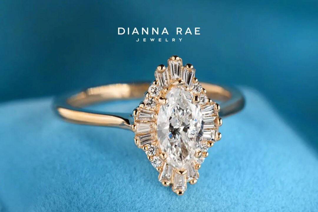 Yellow Gold Marquise Diamond Ballerina Engagement Ring with Baguette and Round Diamond Accents - Image 2