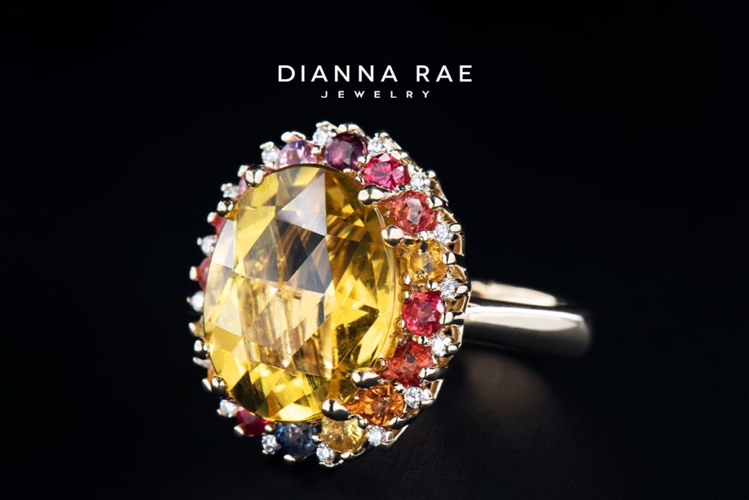 Yellow Gold Oval Yellow Beryl Cluster Halo Ring with Multi-Color Sapphire Accents - Image 2