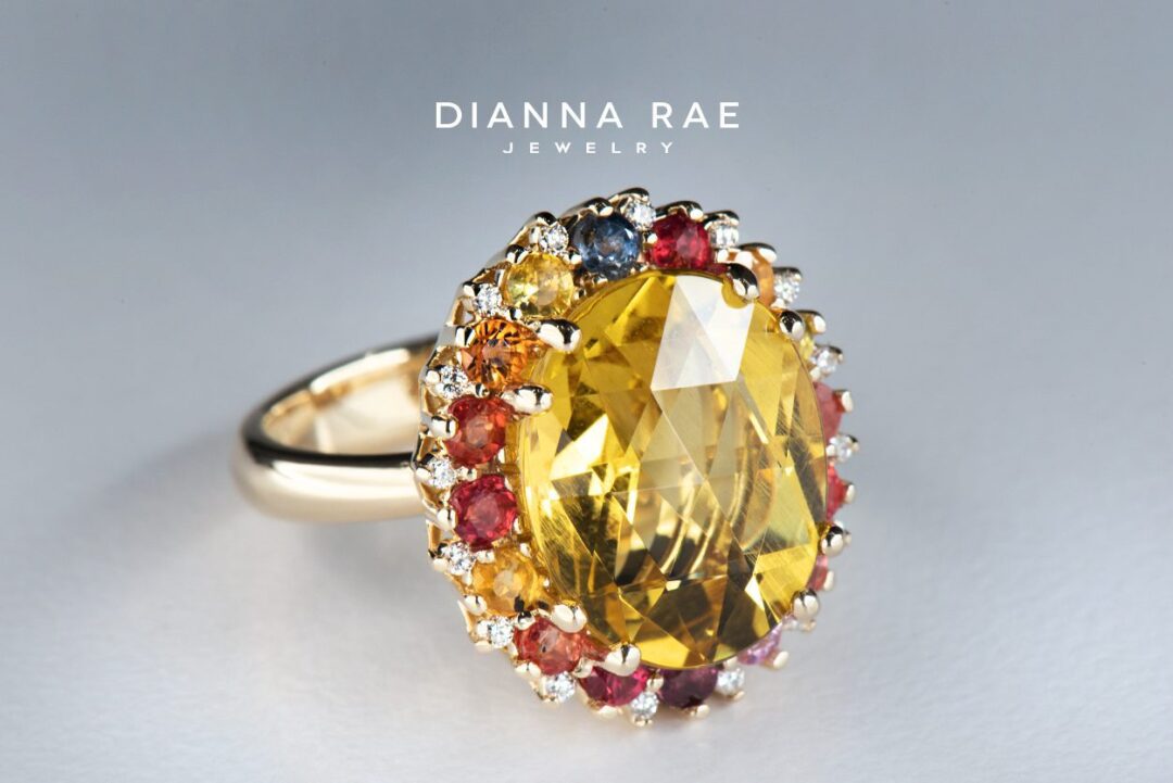 Yellow Gold Oval Yellow Beryl Cluster Halo Ring with Multi-Color Sapphire Accents