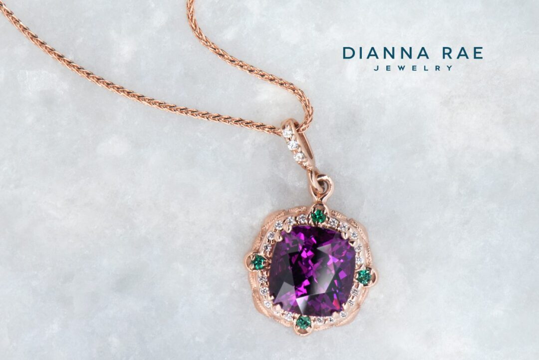Rose Gold Cushion-Cut Purple Garnet Halo Pendant with Diamond and Emerald Accents